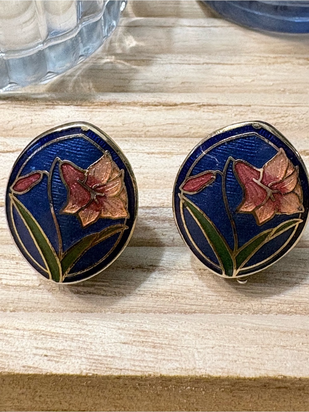 Vintage cloisonné clip earrings in a blue lily motif